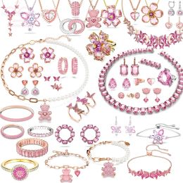 Наборы 2023 оригинальные серьги из нержавеющей стали Swa, ожерелье, браслет Ldyllia, женские ювелирные изделия с розовым цирконием и кристаллами с логотипом