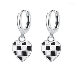 Dangle Earrings XSL JIAMEI S925 Sterling Silver Love Heart Checkerboard Black And White Dripping Oil Women's Fine Jewellery Gift