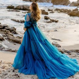 Casual Dresses Elegant Beach Blue Maternity Dress A-line Long Tulle Baby-shower Robe Mesh Gowns Boho Women Po Shoot