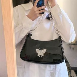 Fashion Design Women Butterfly Armpit Bag Patent Leather Beaded Chain Ladies Shoulder Bags Vintage Female Dark Baguette Handbags Q1917