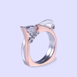 Cluster Rings Creative Trendy Tow Tone Geometric For Women Shine White CZ Stone Inlay Punk Fashion Jewellery Party Gift Finger Ring