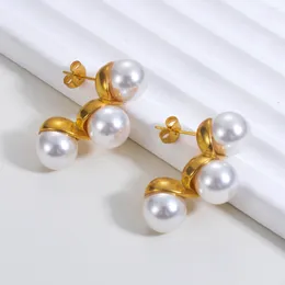 Stud Earrings Elegant Round Imitation Pearls For Women Metal Geometric Stainless Steel Jewellery Girls Birthday Party Banquet