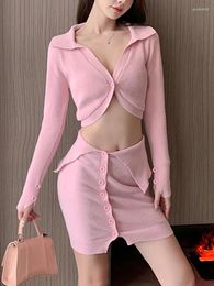 Work Dresses Pink Two Piece Sets Womens Outifits 2024 Autumn Skirts Set Long Sleeve Short Knitted Cardigan Single Breasted Mini Skirt