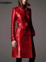Lautaro Autumn Long Red Print Leather Trench Coat for Women Belt Double Breasted Elegant British Style Fashion 240124