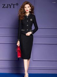 Work Dresses ZJYT Luxury Beading Black Tweed Jacket Skirt Set 2 Piece For Women Elegant Formal Party Dress Sets Plus Size Office Lady Outfit