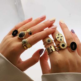 Band Rings Punk Style Black Stone Round Stamp Finger Ring Gold Color Stainless Steel Open Rings for Women Gifts Bohemian Vintage Jewelry 240125