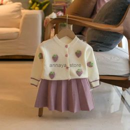 Clothing Sets Ins Korean Winter Children Girl Sweater Set Round Neck Grape Pattern Baby Girl Knitwear Casual Versatile Kid Girl Striped Skirt