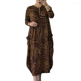 Casual Dresses Long Women Maxi Dress Sleeve O Neck Colour Matching Leopard Print Pockets Ankle Length Lady Fall Spring