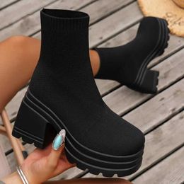 Boots Maogu Casual High Heels Thick Bottom Woman Shoes 2023 New Autumn Boot Fashion Knitted Women Ankle Short Barrel Boots Platform 42L2401