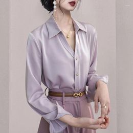 Women's Blouses Elegant Autumn Spring Satin Long Sleeve For Women V Neck Golden Button Pink Purple Ladies Office Loose Shirt Tops Female