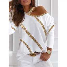 Spot Cross-border Spring New Top, European and American Solid Color Off the Shoulder Long Sleeved Loose Casual Pullover, Shiny Gold Silk T-shirt for Women