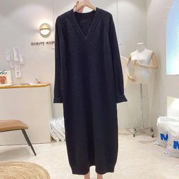 Casual Dresses Plus Size 6XL 150kg High Quality Spring Sweater Dress For Women Solid Color V Neck Pullover Thick Winter Long Maxi