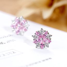 Jewelry Girl Pink Crystal Flower Zircon Diamond white gold Plated Earrings studs Student Birthday Gift