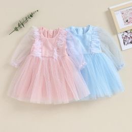 Girl Dresses Born Baby Feather Trim Dress Elegant Long Sleeve Princess Party Tutu Tulle Ruffle Spring Autumn A-line