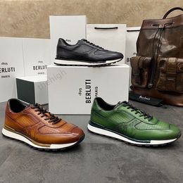 Berluti Leather Sneaker BERLUTI Casual Shoes Berluts New Mens Calf Leather Brushed Colour Punched Breathable Sports Shoes Fashionable and Trendy Mens Lace Up