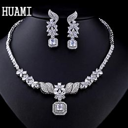 Sets HUAMI New Creative Leaf Drop Zircon Pendant Necklace Earrings Set Women Wedding Bridal Jewellery Set Anniversary Lady Gifts