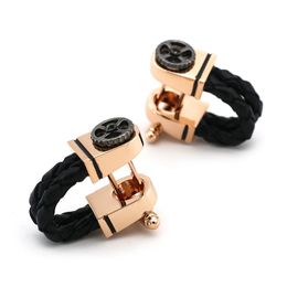 Men's Luxury Cufflinks Rose Gold Plating Black Leather Chain Design With Vintage Gear Quality Business Cuff Links 240124