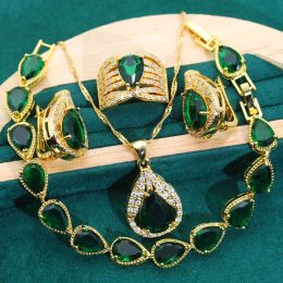 Necklace Water Droplet Gold Colour Jewellery Sets for Women Wedding Green Blue Zircon Bracelet Earrings Necklace Pendant Ring Dating Gifts