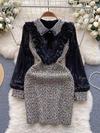 Casual Dresses 2024 Fashion Elegant Flower Sequined Embroidery Ruffles Stitching Tweed Long Lantern Sleeve Bow Collar Woollen Mini