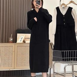 Casual Dresses Fashion Solid Colour Hooded Knitted Women Autumn Winter 2024 Mid-Length Long Sleeve Sweater Pullover Dress Female B193