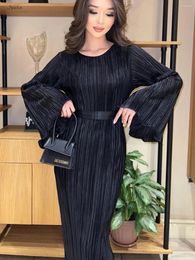 Casual Dresses Women's 2024 Autumn Fashion Pleat Belted Vestidos Elegant Flare Long Sleeve Fold Dress Party Prom Slim Robe