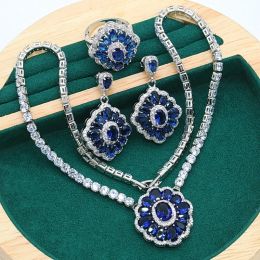 Necklace Dubai 925 Silver Female Jewellery Sets for Women Wedding Royal Blue Topaz Necklace Pendant Earring Ring Holiday Gift