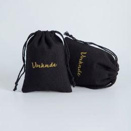 Jewelry Personalized Logo Black Canvas Cotton Packaging Drawstring Bag Double Cotton Ribbon jewelry Gift Pouch Wedding Favors For Guests