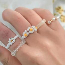 Cluster Rings Pearl Flower Ring Multi Joint Set Handwoven Rice Bead Resin Beige For Girl Women Jewellery Gifts