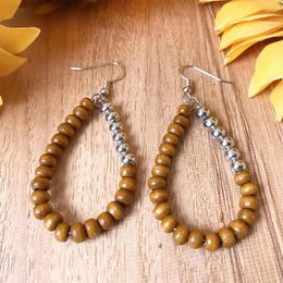 Dangle Earrings Mixed Wood Metal Beads Line Teardrop Drop For Women Fashion Two Tone Beaded Open Water Jewelry Wholesale