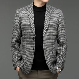 England Style Men Plaid Sheep Wool Blazers Warm Soft Cashmere Blended Jacket Suit Male Elegant Houndstooth Outfits Attire 2023 240125