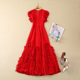 European and American women's clothes 2024 spring new Sleeveless V-neck red Fashion Pleated wooden ear edging dress XXL