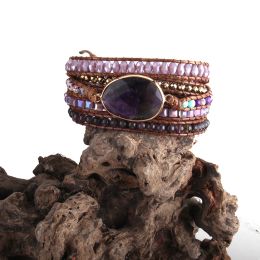 Bangle Rh Fashion Beaded Armbander Purple/gray Crystal Natural Stones Charm 5x Strands Wrap Bracelets Dropshipping