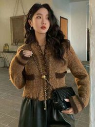 Women's Knits Deeptown Y2K Vintage Knitted Cardigan Women Elegant V-neck Crop Sweater Old Money Style Contrast Knitwear Tops Korean