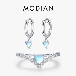 Sets Modian Real 925 Sterling Silver Hearts Moonstone Hoop Earrings Fashion Exquisite Rings For Women Jewellery Sets Birthday Gifts