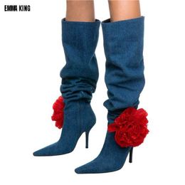 Boots 2023 Denim Knee High Boots Red Flower Embellished Knee High Boots Pointed Toe Slip-on Women's Fashion Jeans Shoes 43L2401