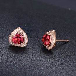 Women wedding jewelry red crystal zircon diamond rose gold plated earrings studs girls student fashion jewelry birthday gift
