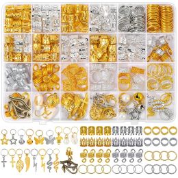 Beads 294Pcs Golden Colour Crown Hair Rings Sets Hollow Out Dreadlocks Beads for Hair Accessories and Hair Jewellery Hair Beads