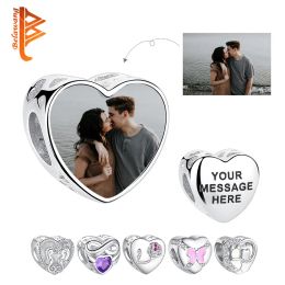 Beads Authentic 925 Sterling Silver Openwork Heart Charm Beads Fit Original Bracelet Personalized Custom Photo Engrave Name Jewelry