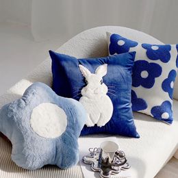 Cartoon Blue Rabbit Embroidered Pastoral Floral Cushion Cover Pillow for Sofa Bedroom 240122