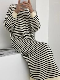 Casual Dresses Autumn Women Vintage Black White Striped Korean Large Size Straight Knitted Dress Loose Round Neck Sweater