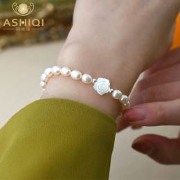 Bangles ASHIQI Natural Freshwater Pearl Shell Flower Bracelet 925 Sterling Silver Fashion Jewelry for Girl