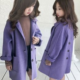 Jesienne dziewczęta wełniane płaszcze zimowe mieszanki kurtki dwustronny płaszcz syntezowy średniej długości zwykłe ubrania dla dzieci ubrania dla dzieci 240123