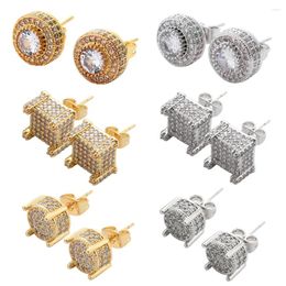 Stud Earrings EYIKA Hip Hop Bling Iced Out Full Zircon Round Gold Silver Colour Brass Square Earring Men Women Couple Jewellery