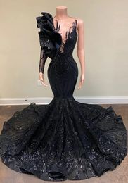 Sparkling Black Sequins Evening Dress Mermaid Long Sleeve Women's Formal Long Prom Dress Evening Party Maxi Robe 240124