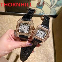 High Quality Men Women Square Roman Dial Watch Shinning Diamonds Ring Full Iced Out Watches Leather Brown Black Red Quartz Movemen238U