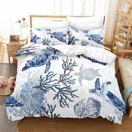 Sea Turtle Duvet Cover Set Pillow Cases Ocean Animal Turtle Bedding Set Queen Twin Kids Home Textiles Map Coral Quilt Cover King 2287O