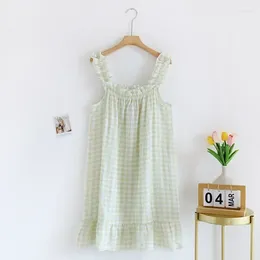 Women's Sleepwear Loose Sleepdress Gauze Women Dress 2024 Night Nightgowns Fitting Plaid For Suspender Wear Sleeveless Pyjamas Cotton Home