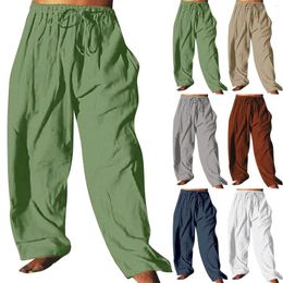 Men's Pants Cotton And Linen Outdoor Daily Solid Colour Drawstring Multi Pocket Loose Straight Leg With 6 Warm