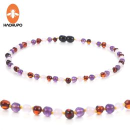 Necklaces HAOHUPO Natural Amber Necklace for Baby Kids Rose Quartz Amethyst Jewellery Cherry Baltic Amber Gemstone Child Sized Baby Necklace