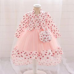 Girl Dresses Baby Dress Birthday Party Flower Print Coat With Bag Three Piece Set Long Sleeve Trailing Princess